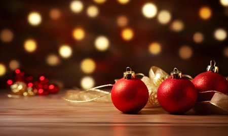 Christmas background with baubles on wooden planks with bokeh lightsの素材