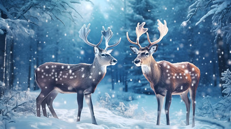 Two deers in winter forest with falling snow. 3d renderingの素材