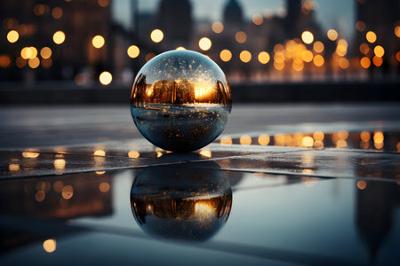 Glass ball on the background of the New York City skyline at sunsetの素材