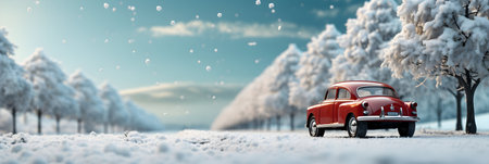 Vintage red car in snowy winter forest. 3D rendering.の素材