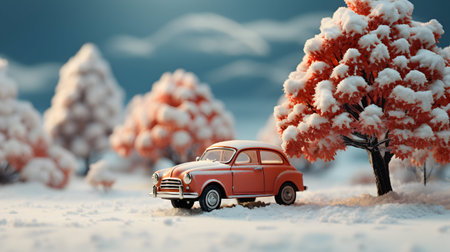 Vintage car in the snowy forest. 3d render illustration.の素材