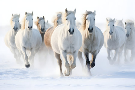 Herd of Camargue horses running in the snow in winterの素材