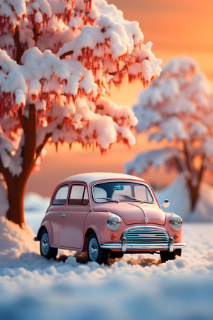 Retro car covered with snow against the backdrop of a winter landscape.の素材