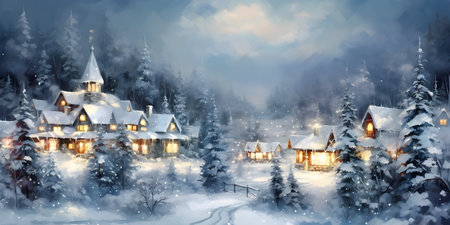 Winter village with wooden houses and snowdrifts. Digital painting.の素材