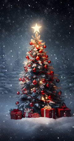 Decorated Christmas tree with presents in snow. 3D renderingの素材