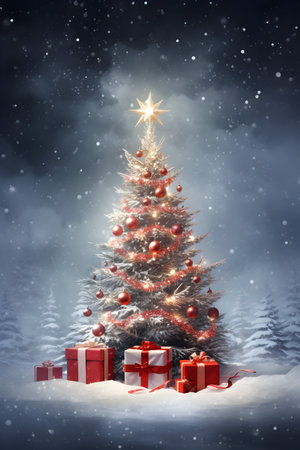 Christmas tree with gift boxes in snowy landscape 3D Illustration.の素材