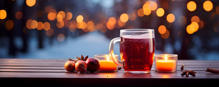 Mulled wine in a glass cup on a wooden table in the winter forestの素材