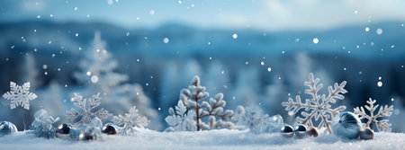 Winter landscape with snowflakes and christmas trees. 3d renderingの素材