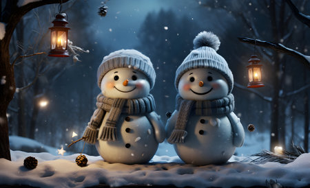 Two snowmen in winter forest at night. Christmas and New Year concept.の素材