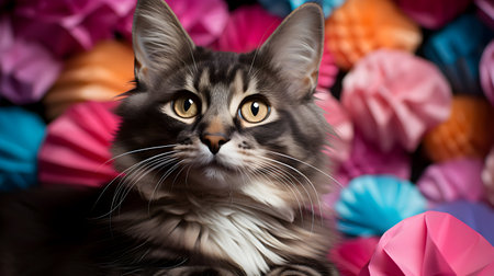 Portrait of a Maine Coon cat with colorful paper flowers.の素材