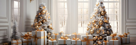 3D rendering of white and gold christmas tree and presents in the living roomの素材