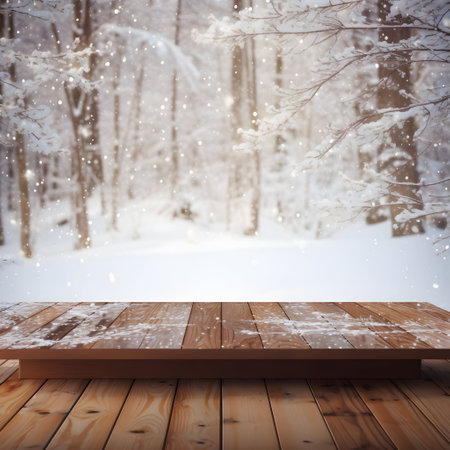 Wooden table against snowy landscape with fir trees in a snowy forestの素材