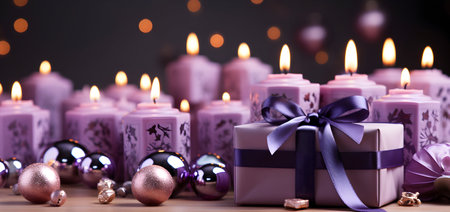 Christmas candles with baubles and gift box on a dark backgroundの素材