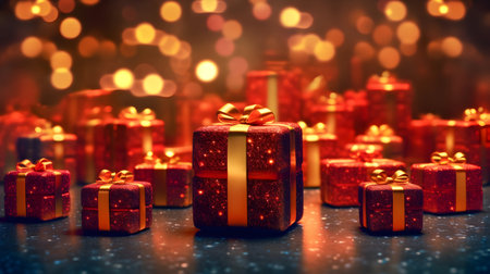 Gift boxes and bokeh lights background. Christmas and New Year holidays concept.の素材