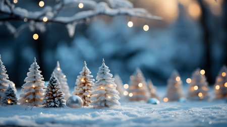 Fir trees in winter forest with snow and bokeh lights.の素材