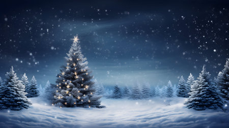 Christmas background with fir trees and snowflakes. 3d renderingの素材
