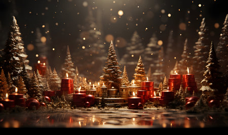 Christmas decoration with burning candles and fir trees on dark background. New Year concept.の素材