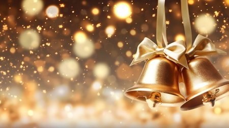 Golden Christmas bells with bow on bokeh background, closeupの素材