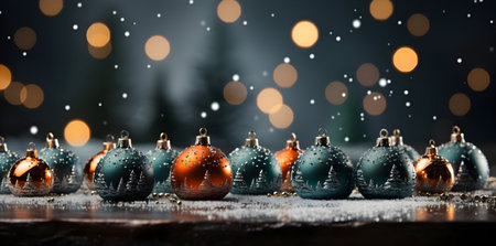 Christmas baubles on wooden table with bokeh background.の素材