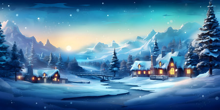 Winter landscape with village. Christmas and New Year background. Vector illustration.の素材