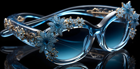 Sunglasses with blue glass on a black background. 3d illustrationの素材