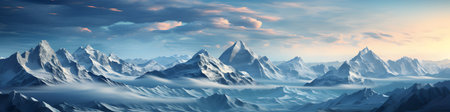 Mountain landscape panorama. Snowy peaks in the clouds.の素材