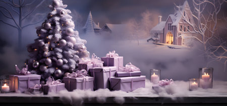 Christmas and New Year background with a Christmas tree and gifts. 3d renderingの素材