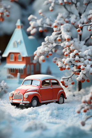 Christmas toy car in the snow on a background of winter landscape.の素材