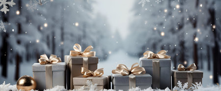 Gift boxes with golden ribbons in snowy forest. 3D renderingの素材