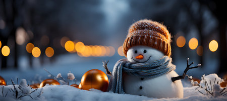 Snowman with Christmas balls in the snow on the background of the night cityの素材