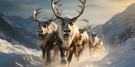 3D rendering of a group of reindeer in the snowの素材
