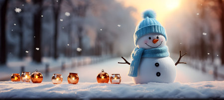 Snowman with candles in winter forest. Christmas and New Year concept.の素材