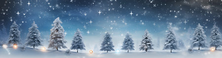 Christmas background with snow covered fir trees. Panoramic banner.の素材