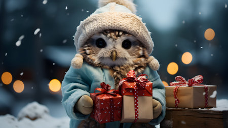 Cute owl with gift boxes on the background of the winter city.の素材