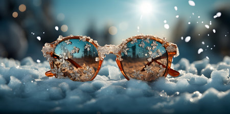Sunglasses in the snow. 3D illustrations. Selective focus.の素材