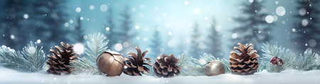Christmas background with fir branches, cones and snow. Panoramic banner.の素材