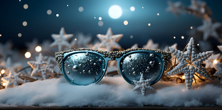 Blue sunglasses with snowflakes and christmas decoration on snow backgroundの素材