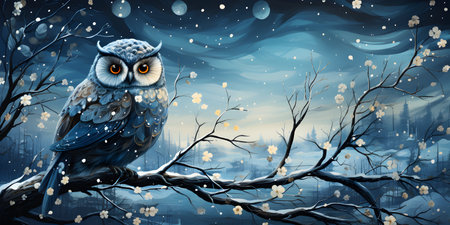 Winter landscape with a beautiful owl on a tree branch. Illustration.の素材