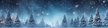 Winter forest panorama with fir trees, snowflakes and starsの素材
