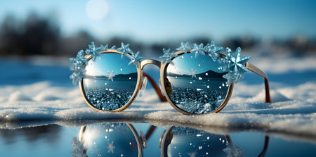 Sunglasses with snowflakes on the background of the winter landscapeの素材