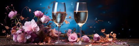 Two glasses of champagne on a dark background with roses and leaves.の素材