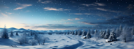 Winter landscape with snowy fir trees and blue sky with falling snowflakesの素材