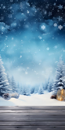 Winter landscape with snowy fir trees and snowfall. Christmas background.の素材