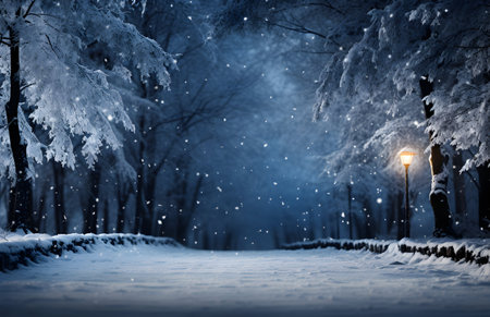 Winter park at night with snow covered trees and lanterns. Landscape.の素材