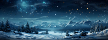 Fantasy winter landscape with snow covered fir trees and starry skyの素材