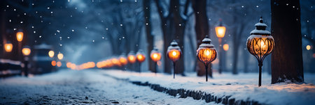 Winter street lanterns in snowfall. Glowing street lamps at night.の素材