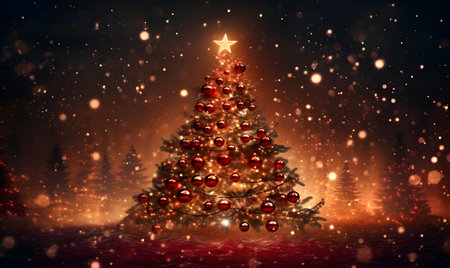 Christmas tree with red ornaments and snowflakes. 3D renderingの素材