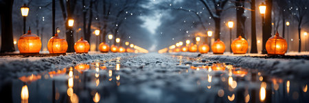 Christmas lanterns on a snowy street at night. Christmas background.の素材
