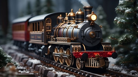 Toy steam locomotive with Christmas tree on the background. 3D rendering.の素材