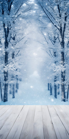 Wooden floor in winter forest with snowflakes and falling snowの素材